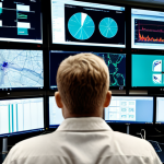 **Image of a modern Swedish hospital network operations center.  Several monitors display network security dashboards with real-time threat detection maps.  A security analyst looks concerned as an alert flashes. Focus on the visual representation of protecting patient data and infrastructure.  Scandinavian design aesthetics.**