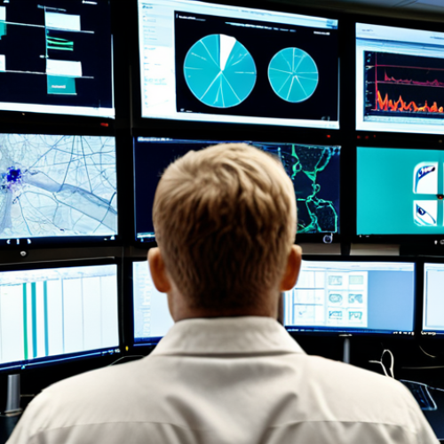Home 14 **Image of a modern Swedish hospital network operations center. Several monitors display network security dashboards with real-time threat detection maps. A security analyst looks concerned as an alert flashes. Focus on the visual representation of protecting patient data and infrastructure. Scandinavian design aesthetics.**