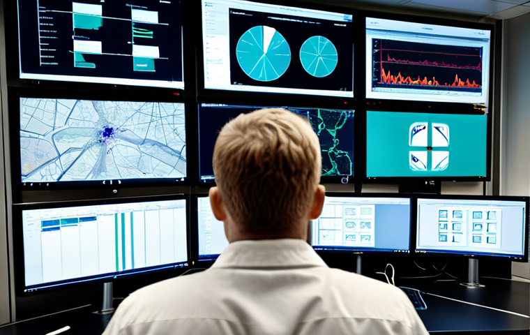 **Image of a modern Swedish hospital network operations center.  Several monitors display network security dashboards with real-time threat detection maps.  A security analyst looks concerned as an alert flashes. Focus on the visual representation of protecting patient data and infrastructure.  Scandinavian design aesthetics.**