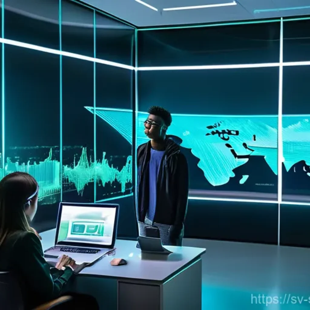 네트워크 보안 모니터링 도구의 컴플라이언스 준수 - Futuristic Cybersecurity Team Collaboration**
A diverse group of five young adults (ages 18-25, dre...