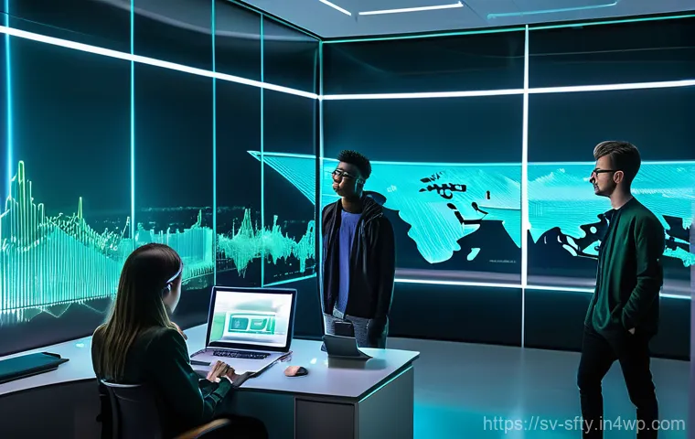 네트워크 보안 모니터링 도구의 컴플라이언스 준수 - Futuristic Cybersecurity Team Collaboration**
A diverse group of five young adults (ages 18-25, dre...