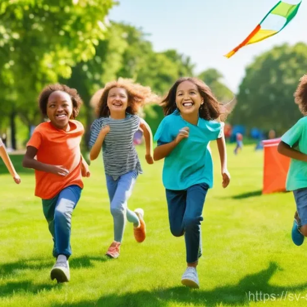 네트워크 보안 모니터링 도구의 데이터 암호화 - A joyful group of diverse children, aged approximately 7-10, playing in a sunny park. They are laugh...