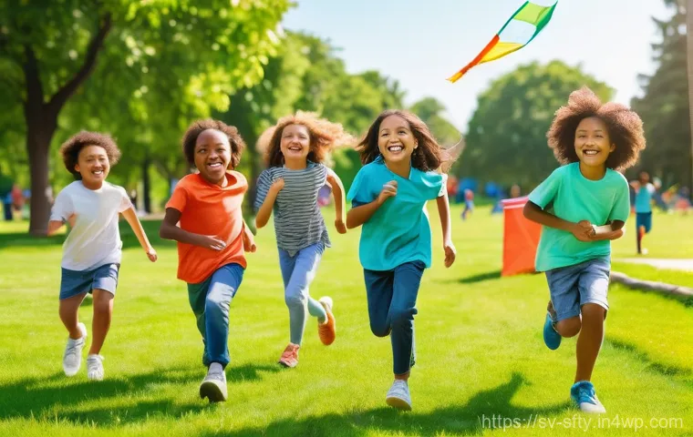 네트워크 보안 모니터링 도구의 데이터 암호화 - A joyful group of diverse children, aged approximately 7-10, playing in a sunny park. They are laugh...
