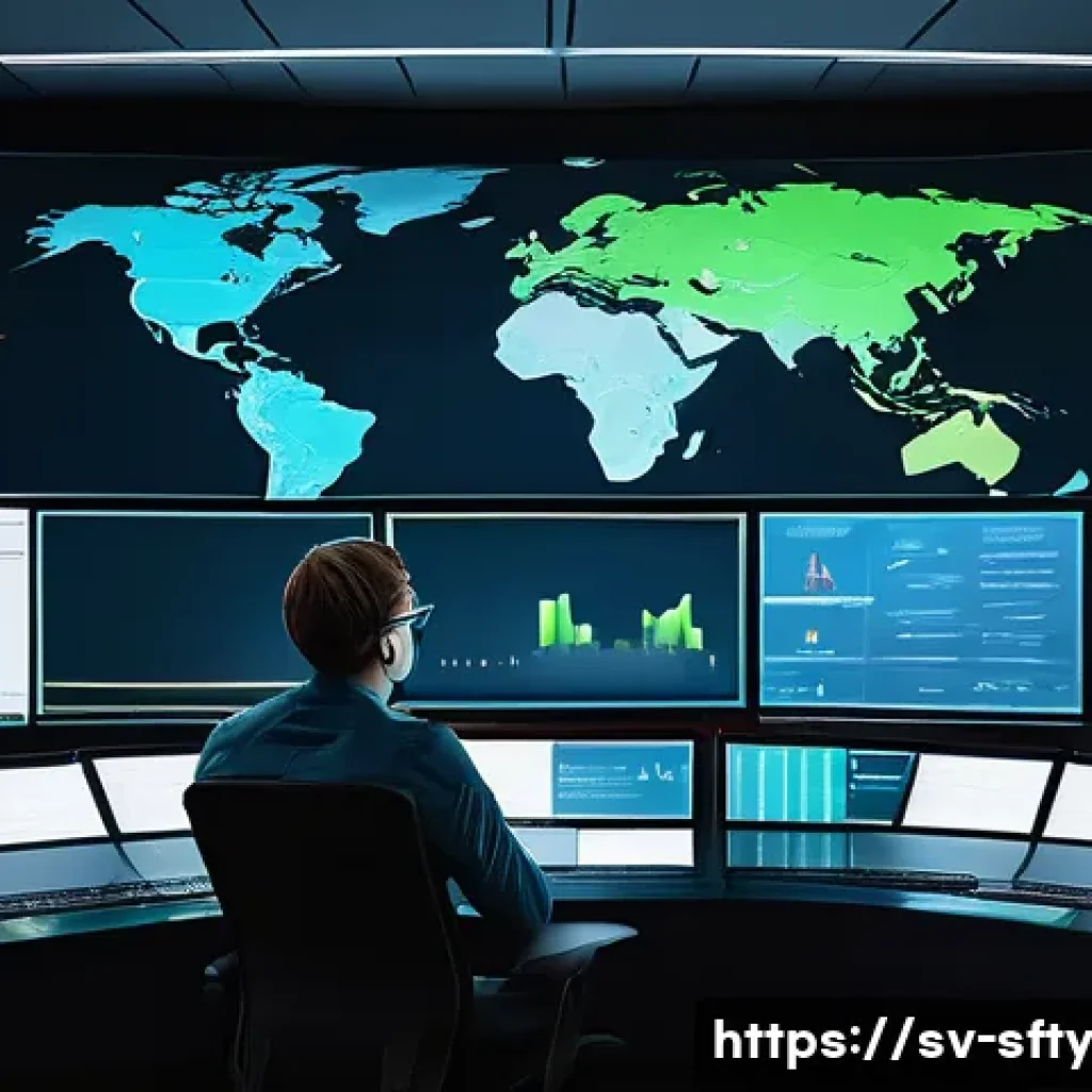 가장 인기 있는 네트워크 보안 모니터링 도구 - A futuristic control room featuring a large interactive dashboard displaying network traffic and sec...