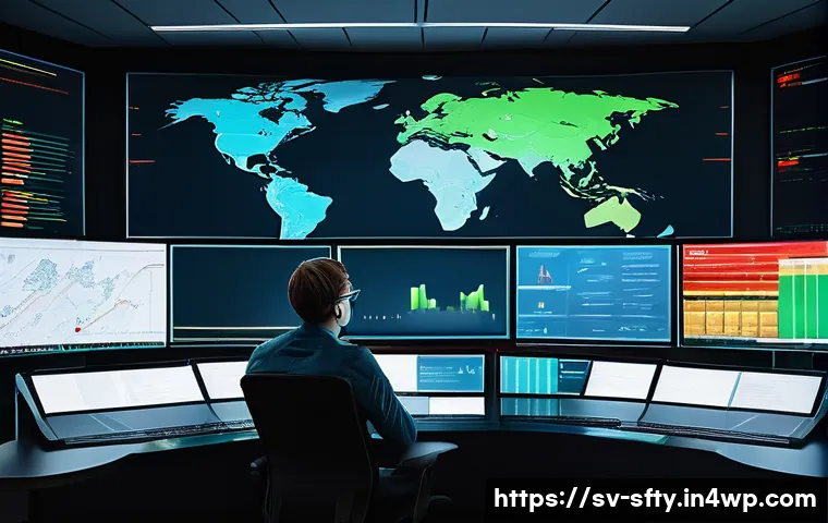 가장 인기 있는 네트워크 보안 모니터링 도구 - A futuristic control room featuring a large interactive dashboard displaying network traffic and sec...