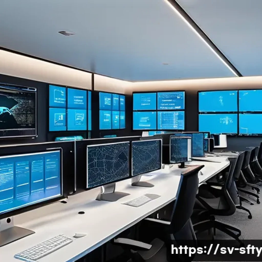 네트워크 보안 모니터링을 위한 성능 최적화 기법 - A sleek, modern network operations center with multiple large digital screens displaying real-time n...