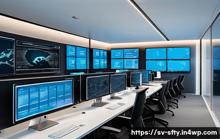 네트워크 보안 모니터링을 위한 성능 최적화 기법 - A sleek, modern network operations center with multiple large digital screens displaying real-time n...