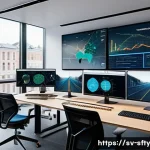 Home 20 네트워크 보안 모니터링의 사례와 교훈 - A modern Swedish office environment showcasing a cybersecurity team actively monitoring multiple lar...