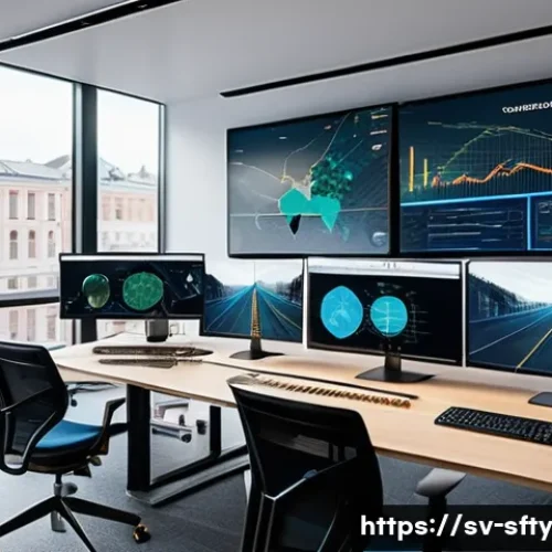 Home 32 네트워크 보안 모니터링의 사례와 교훈 - A modern Swedish office environment showcasing a cybersecurity team actively monitoring multiple lar...