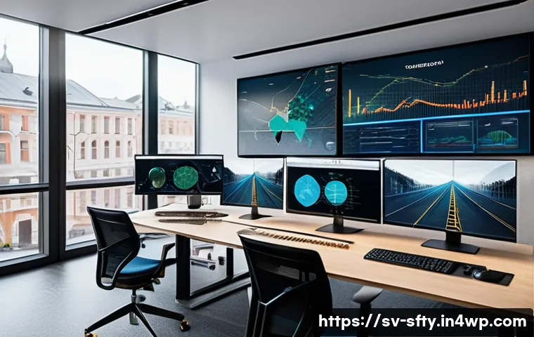 네트워크 보안 모니터링의 사례와 교훈 - A modern Swedish office environment showcasing a cybersecurity team actively monitoring multiple lar...