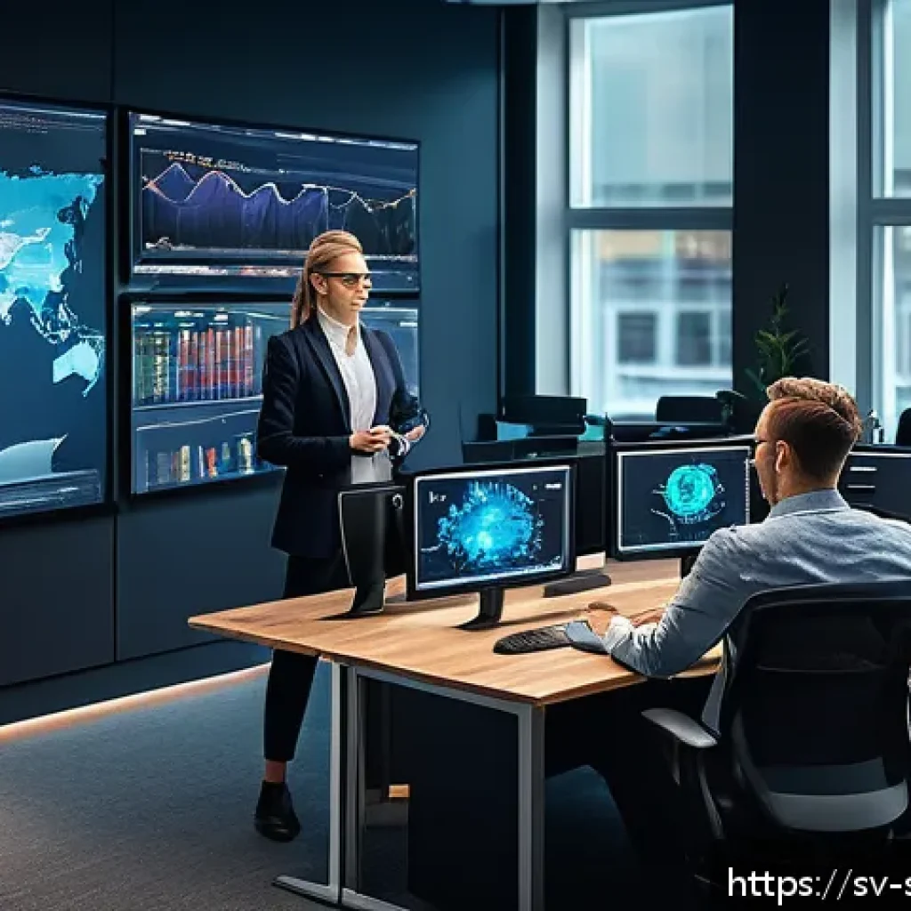 네트워크 보안 모니터링의 최신 트렌드 - A modern Scandinavian office environment with a diverse team of cybersecurity professionals analyzin...