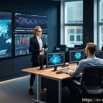 Home 19 네트워크 보안 모니터링의 최신 트렌드 - A modern Scandinavian office environment with a diverse team of cybersecurity professionals analyzin...