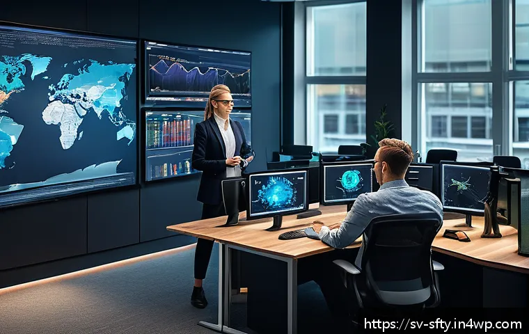 네트워크 보안 모니터링의 최신 트렌드 - A modern Scandinavian office environment with a diverse team of cybersecurity professionals analyzin...