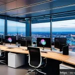 Home 18 네트워크 보안 모니터링을 위한 API 활용 - A futuristic cybersecurity operations center in Sweden, featuring a diverse team of professionals mo...