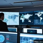 Home 23 네트워크 보안 모니터링 도구의 기술적 한계 - A modern Scandinavian office environment with a cybersecurity team monitoring multiple large screens...