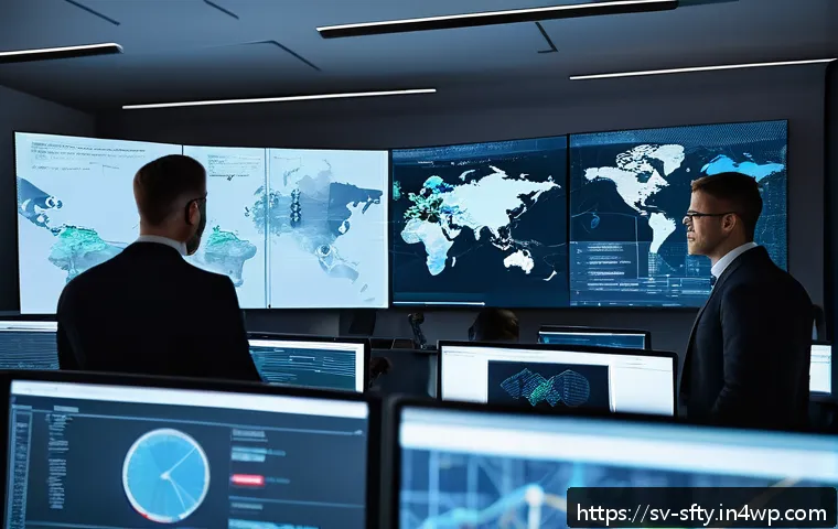 네트워크 보안 모니터링 도구의 기술적 한계 - A modern Scandinavian office environment with a cybersecurity team monitoring multiple large screens...